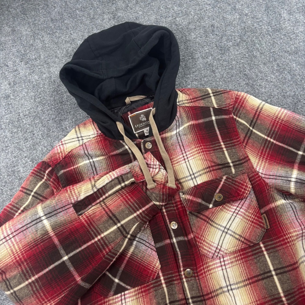 Legendary Outfitters Hooded Flannel Shirt Jacket M‎ Red Plaid Quilted Lined Mens